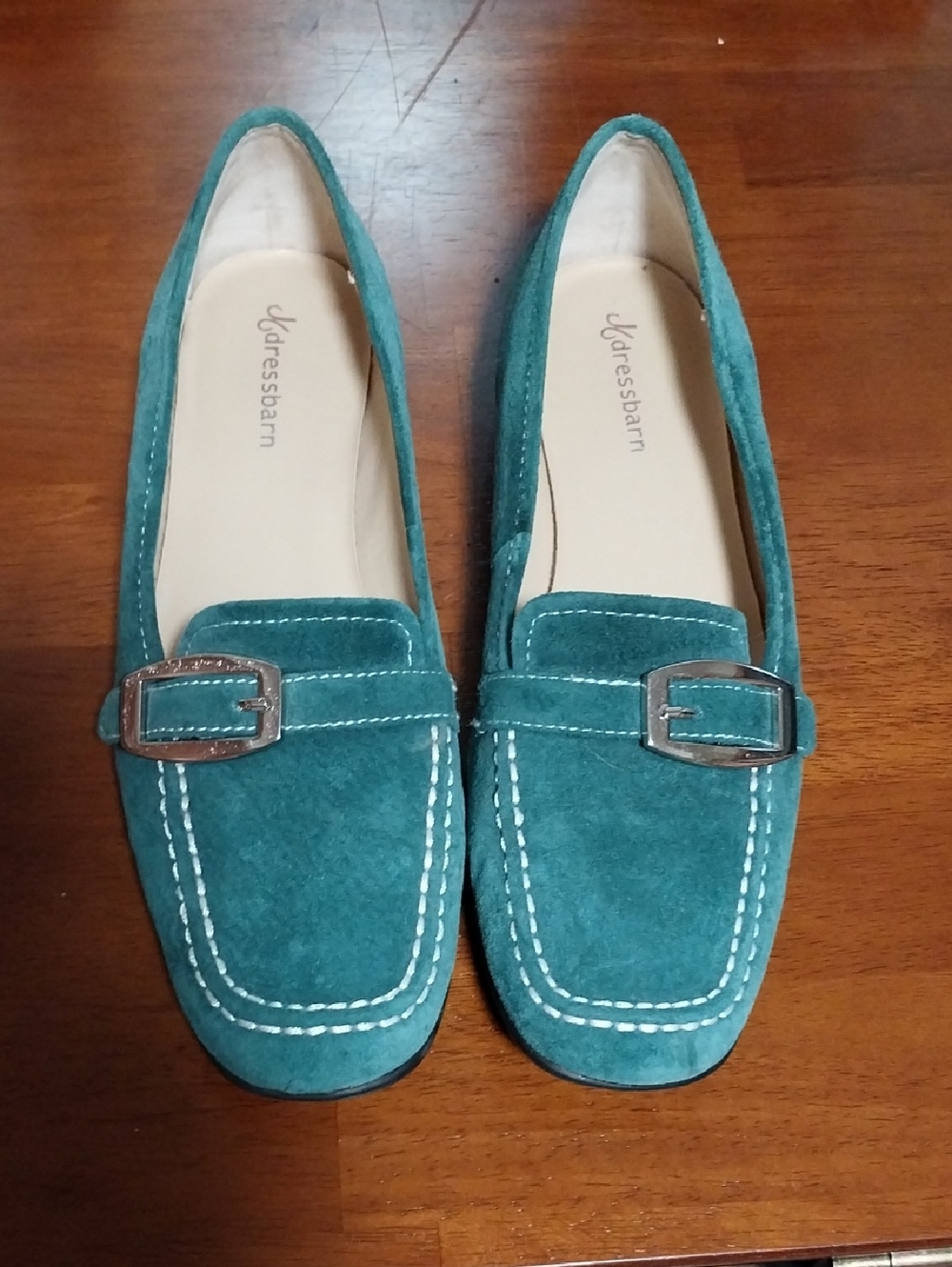 LIKE NEW! Dressbarn Teal Suede Loafers with Silver Buckle